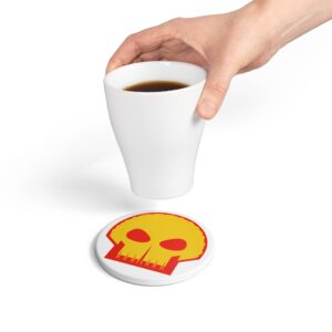 skull mushroom ceramic coaster — retro red & yellow gamer drink mat